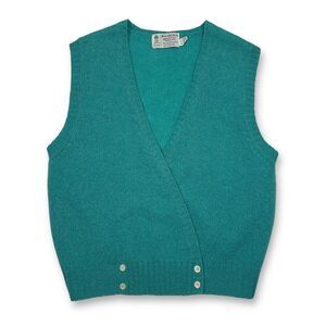 Vintage‎ Emerald Green Knit Sweater Vest Button Detail Preppy V-Neck Top